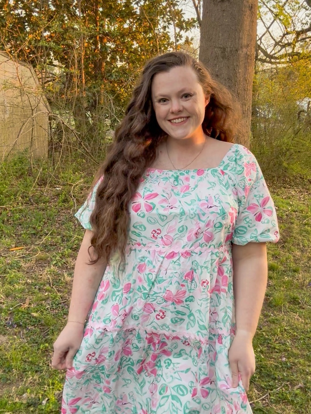 Plus Sized Square-Neck Tiered Midi Dress in Pink Floral